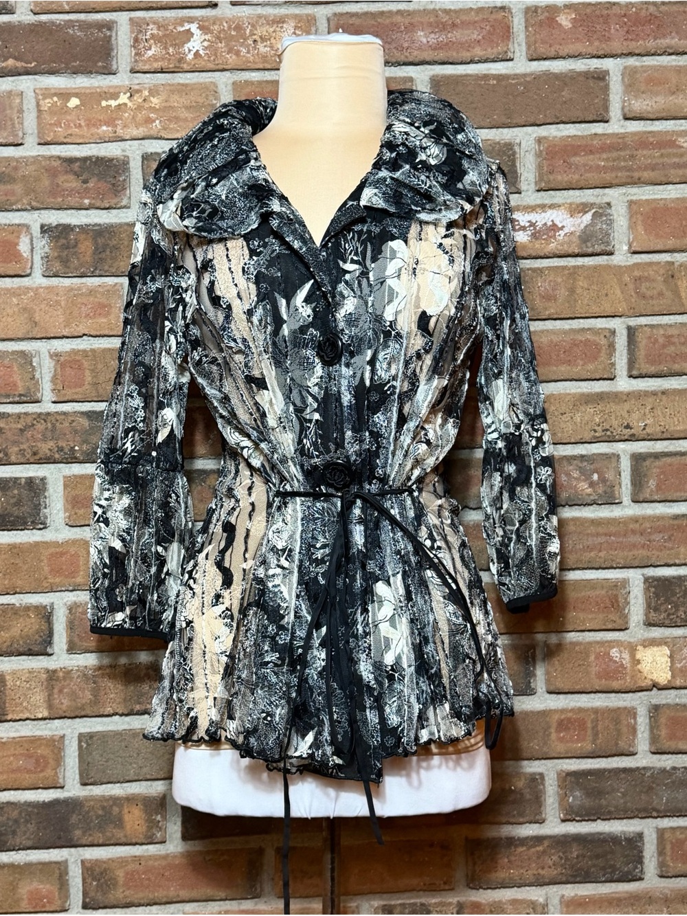 Paola Poggi Italy Sheer Lace Floral Jacket Top Black Beige US L/XL